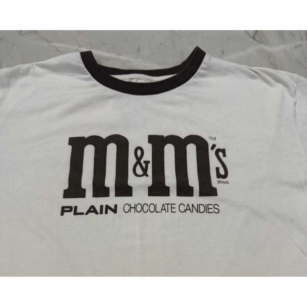 M&M's Plain Chocolate Candies Ringer T-Shirt White Brown Logo Graphic Unisex L - Picture 2 of 6